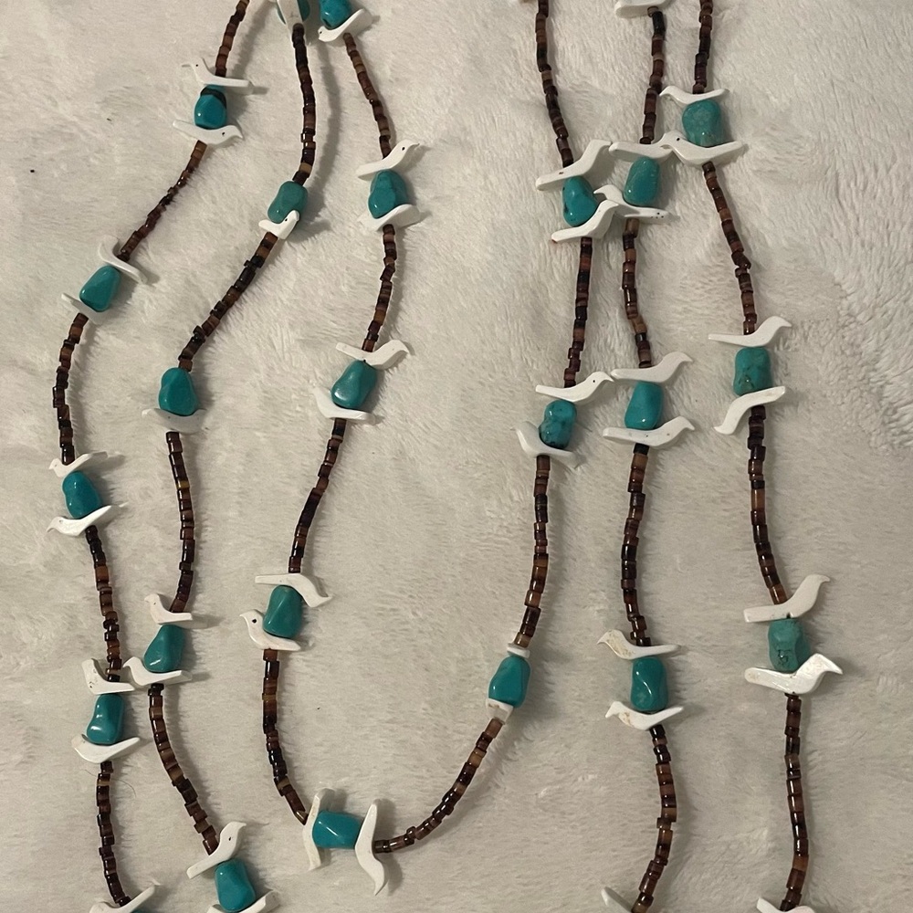Turquoise and Brown Beaded Necklace with Bird Accents